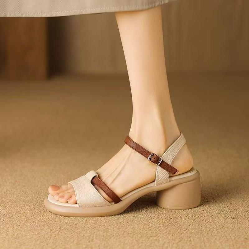 Fashion Summer 2025 New Thick-soled, Thick-heeled Sandals for Women, Retro Color-blocking, Versatile Casual High-heeled Roman Shoes