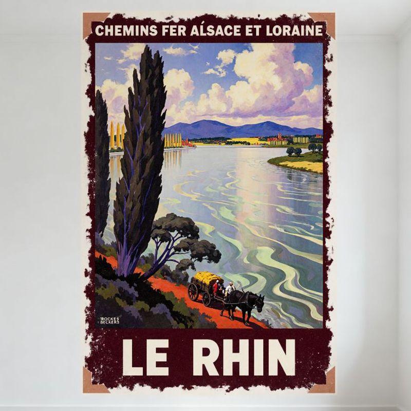 

Vintage Le Rhin The Rhine Chemins Fer Alsace et Lorraine Railways Metal Tin Sign, River Scene Horse-Drawn Wagon Wall Art for Hom 20x30cm（7.8x11.8inch）
