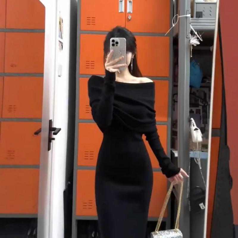 Black shoulder dress women's autumn and winter birthday party small dress dress high-end light luxury niche
