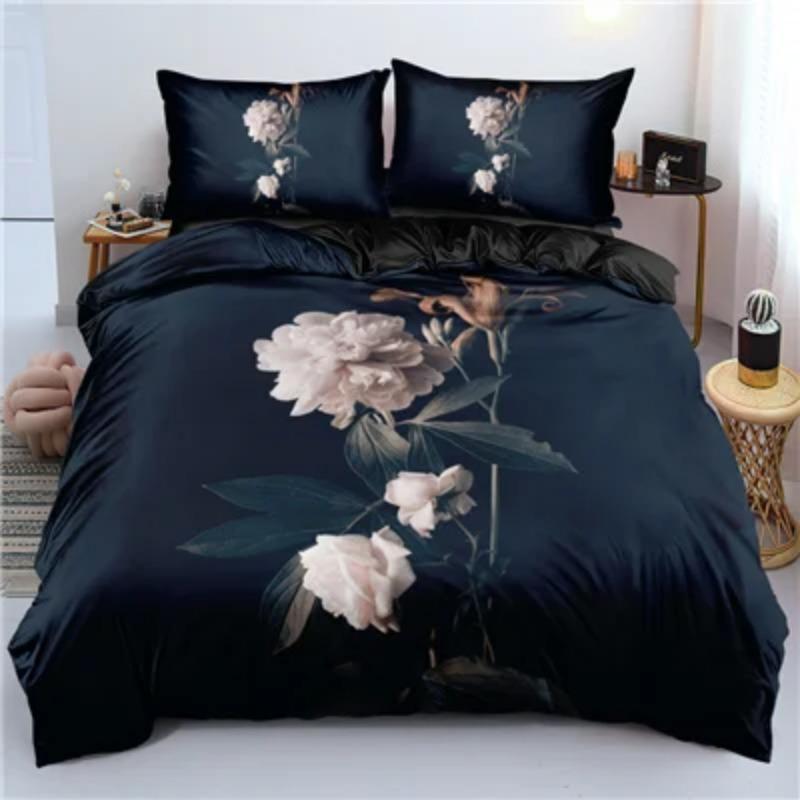 Red Floral King Queen Full Duvet Cover 3D Romantic Flowers Bedding Set For Kids Teens Adults Plant Grey 2/3pcs Soft Quilt Cover