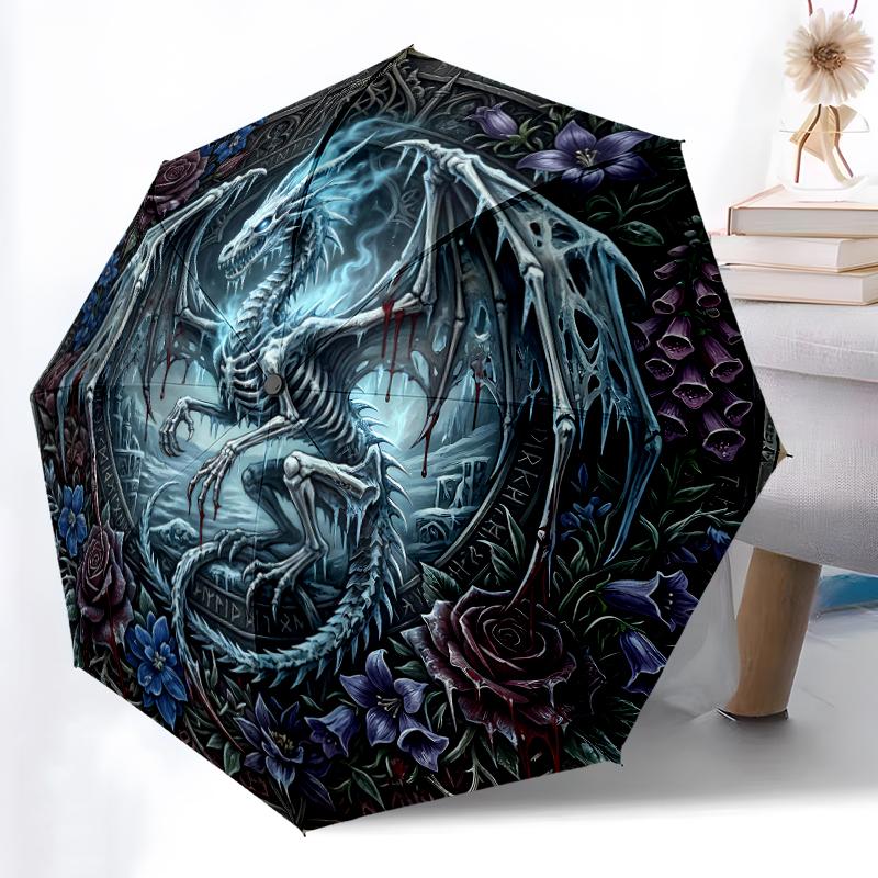 1pc Sturdy 8-Bone Auto Umbrella, Gray Background Purple Crystal Dragon Umbrella, Digital Printed, Foldable Umbrella for On-the-Go Outdoor Use