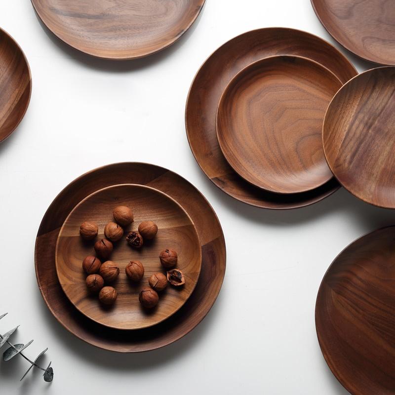 Premium Black Walnut Wooden Plate Tableware Dishes Round Cake Tray Dessert Serving Plate Kitchen Utensils