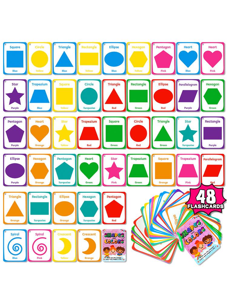 

48 шт. Карточки для когнитивного обучения геометрии для детей, английские слова, цвета, формы, флэш-карты, развивающие игрушки