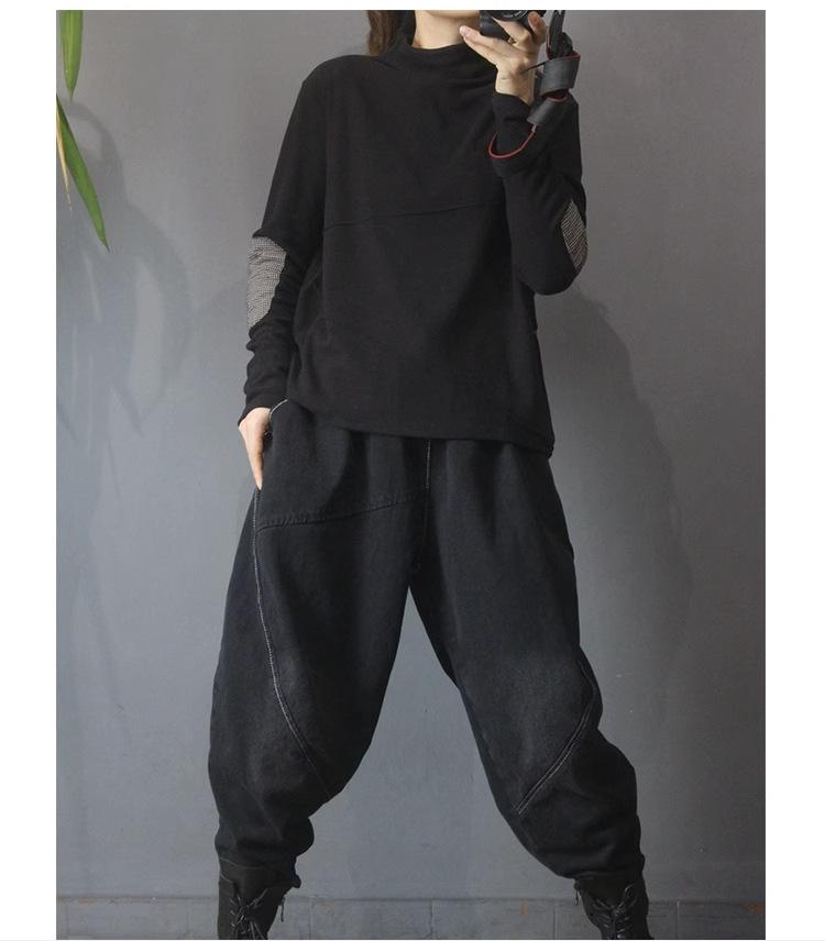 Women's Ethnic Patchwork Thermal Fleece Pullover - Mock Neck, Autumn/Winter, Loose Fit