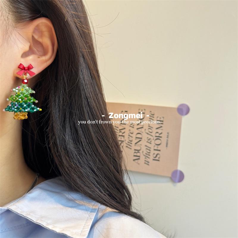 3D Christmas Tree Earrings with Red Bow - Heavy Beaded Crystal Ear Clips, Hand-Woven Holiday Accessories