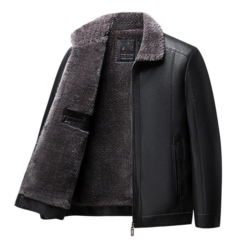 Men's velvet thickened lapel leather jacket autumn and winter new men's clothing medium and old dad high-quality coat
