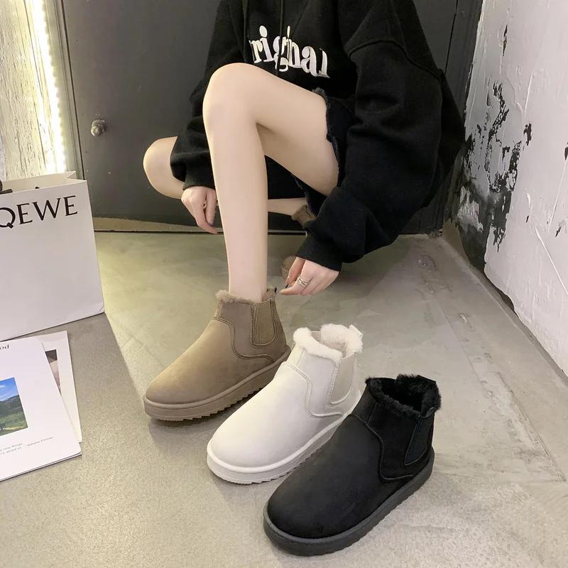 Winter Footwear Round Toe Flat Heel Boots Women Fashion Snow Boots Low-heeled Non-slip Ladies Bare Boots Slip-on