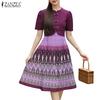 ZANZEA Women Summer Stand Collar Casual Short Sleeve Print Dress