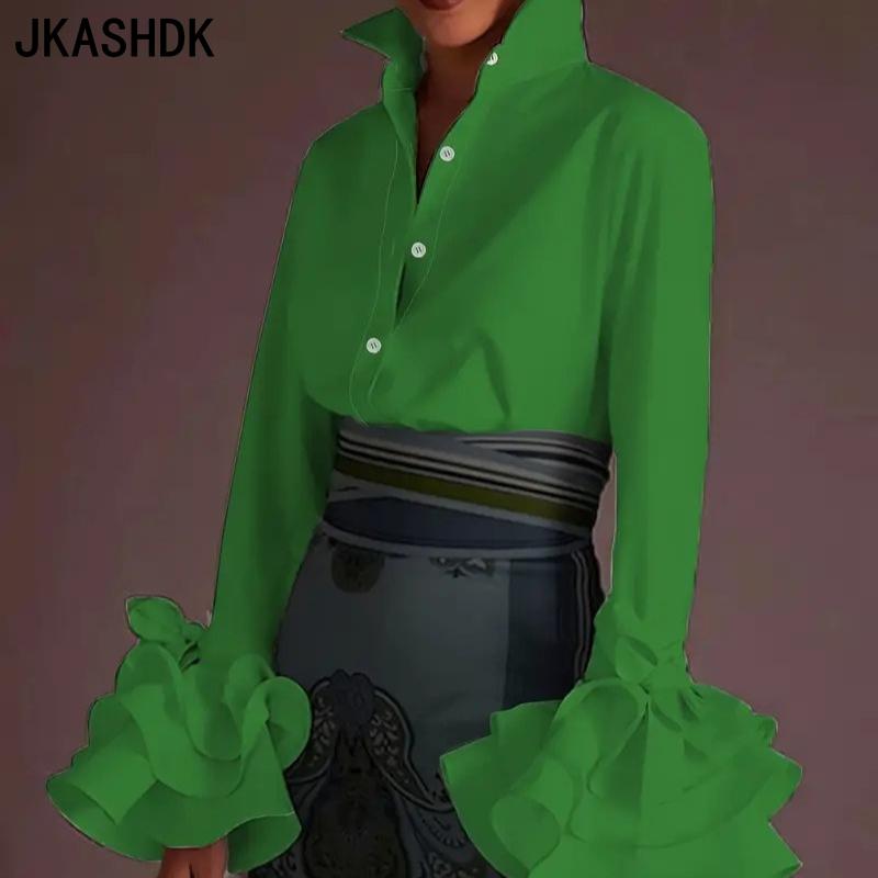 JKASHDK Women's Fashion Casual Spring Autumn Solid Color Print Long Sleeve POLO Neck Blouses & Shirts