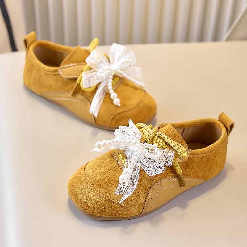 2025 Autumn Korean Retro Casual Shoes for Kids with Bow, Pearl, and Lace-up Design