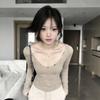 American Button-down Deep V-neck Long-sleeved T-shirt Women's Spring and Autumn New Slim-fitting and Thin Inner Spice Girl Bottoming Shirt Top