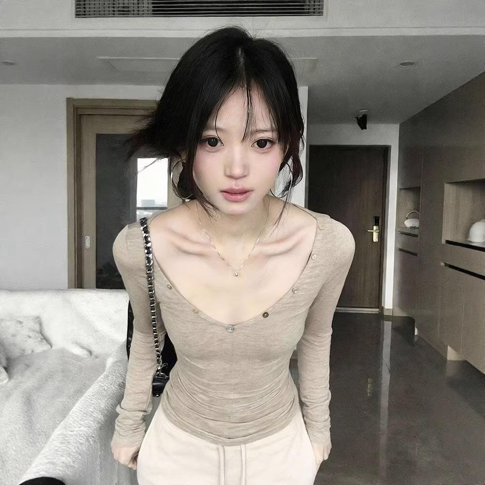 American Button-down Deep V-neck Long-sleeved T-shirt Women's Spring and Autumn New Slim-fitting and Thin Inner Spice Girl Bottoming Shirt Top