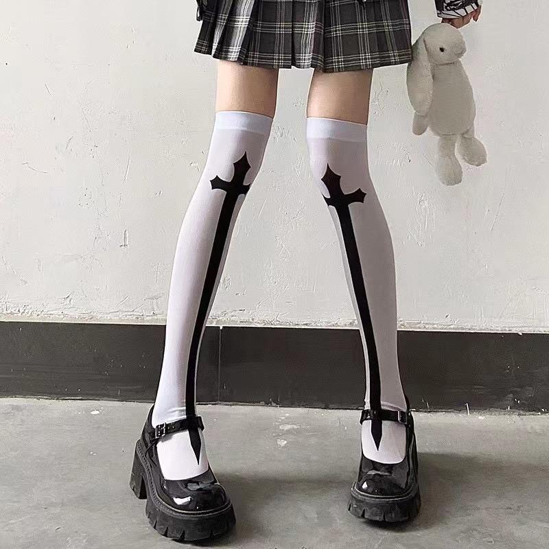 1 Pair of Cross Long Tube JK Socks Printed Knee Length Socks Velvet Material Performance Cos Stockings Stockings