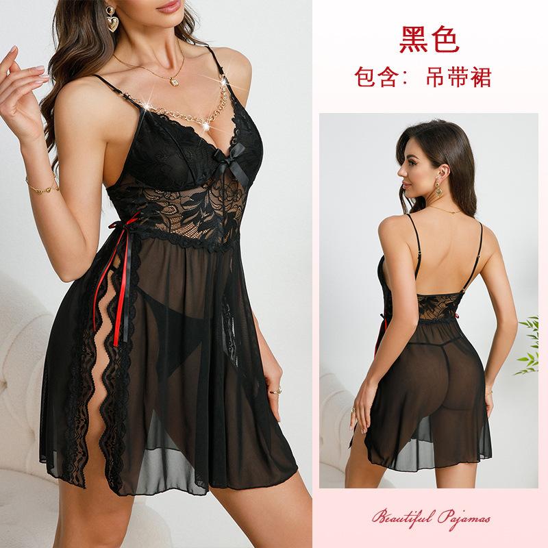 Pearl Chain Lace Sheer Nightgown Side Slit Colorful Bow Decor Sexy Cami Women's Loungewear 913 Romantic Glamorous Sleepwear with Cute Bow Accents