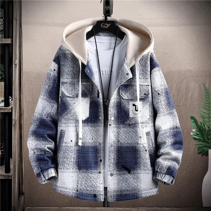 Men's Hooded Plaid Jacket - Spring/Fall/Winter Cotton Outerwear for Teens and Students