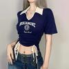 Summer Women Sexy Short Sleeve T-shirt Street Korean Clothing New Short Tees Drawstring Slim Contrast Letter Graphic Crop Tops