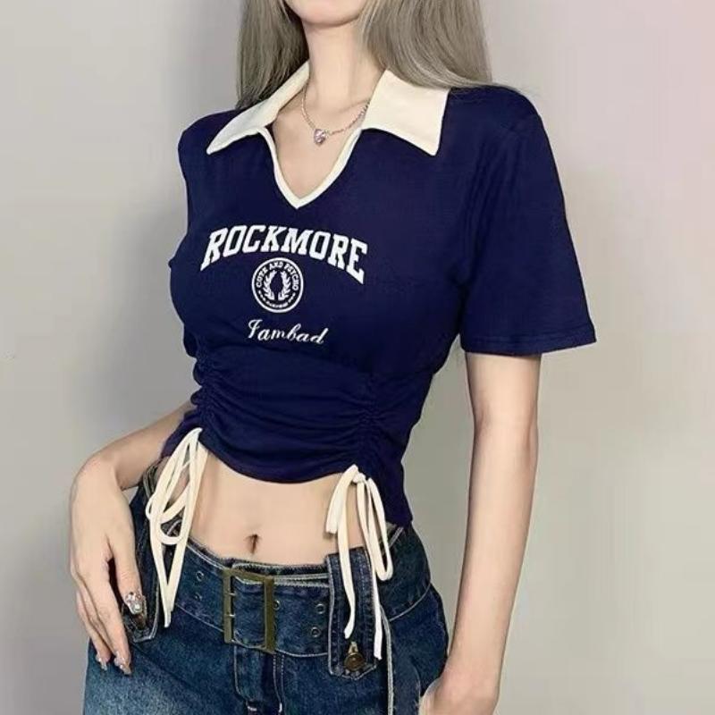 Summer Women Sexy Short Sleeve T-shirt Street Korean Clothing New Short Tees Drawstring Slim Contrast Letter Graphic Crop Tops