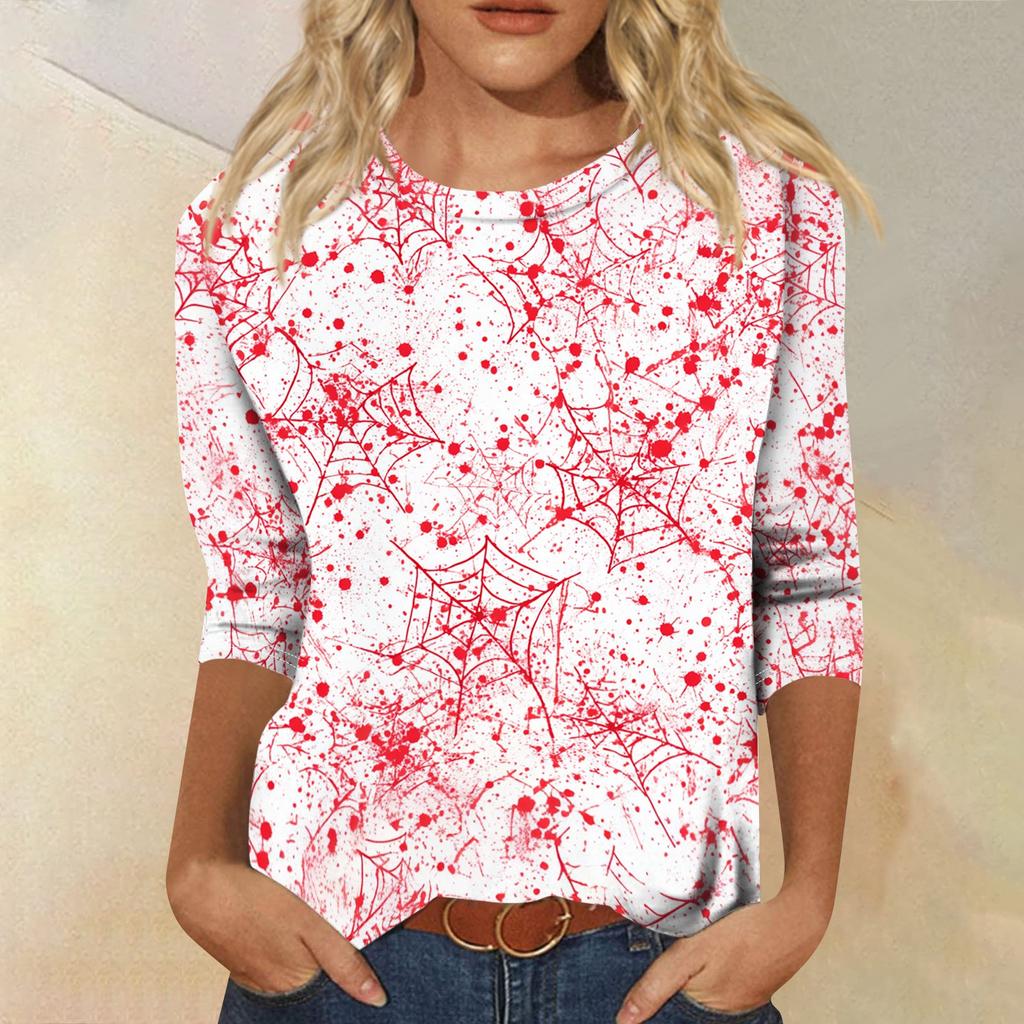 Women Halloween Print Three Quarter Sleeve Round Neck Loose Fit Casual Shirt Top for Holiday and Everyday Wear