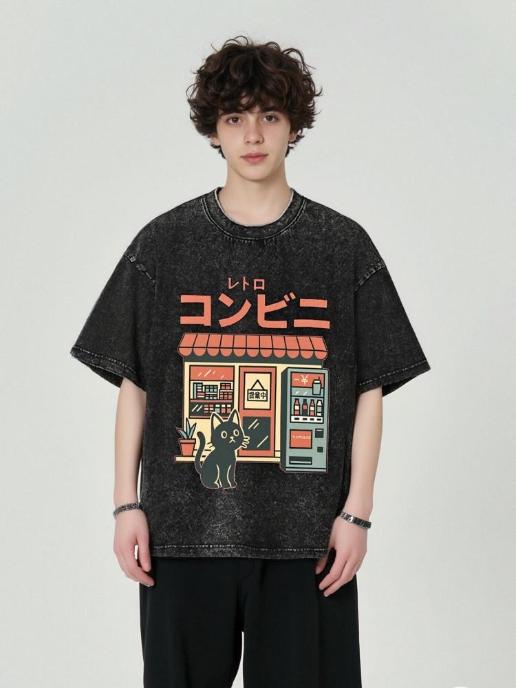 Oversized Heavy TShirt for Men Summer Short Sleeve Tee Cotton Washed Acid Top Casual Funny Printed T Shirts One Piece
