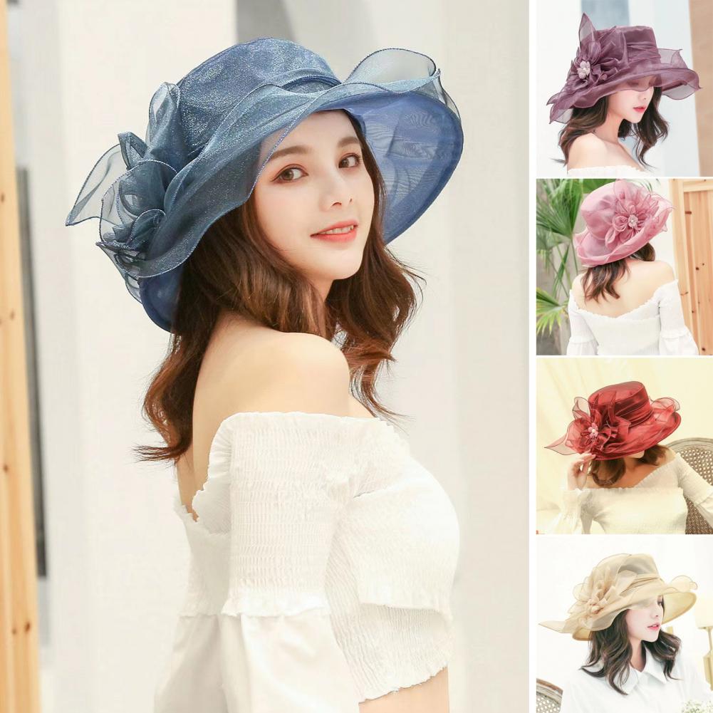 Fashion Hat Women Top Hat Elegant Organza Flower Wide Brim Sun Hat for Women Retro Style Party Banquet Accessory Foldable Beach