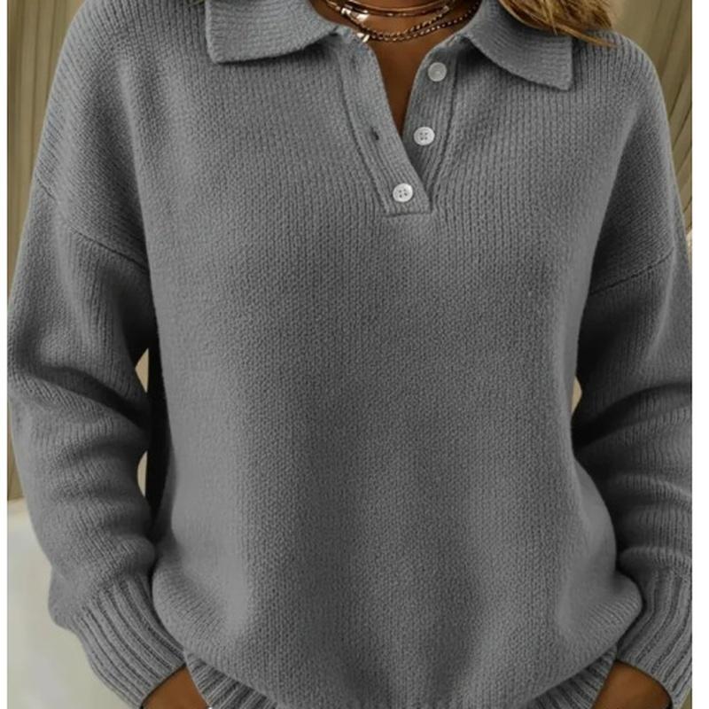 Women's Polo Collar Ribbed Long Sleeve Sweater Top Loose Fit Casual Pullover