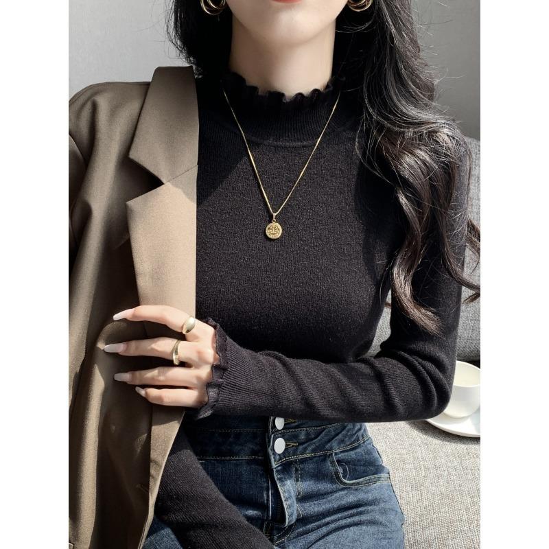 

Stylish semi-turtleneck lace splicing bottoming shirt women s fungus edge top spring suit with solid color sweater inside XL чёрный