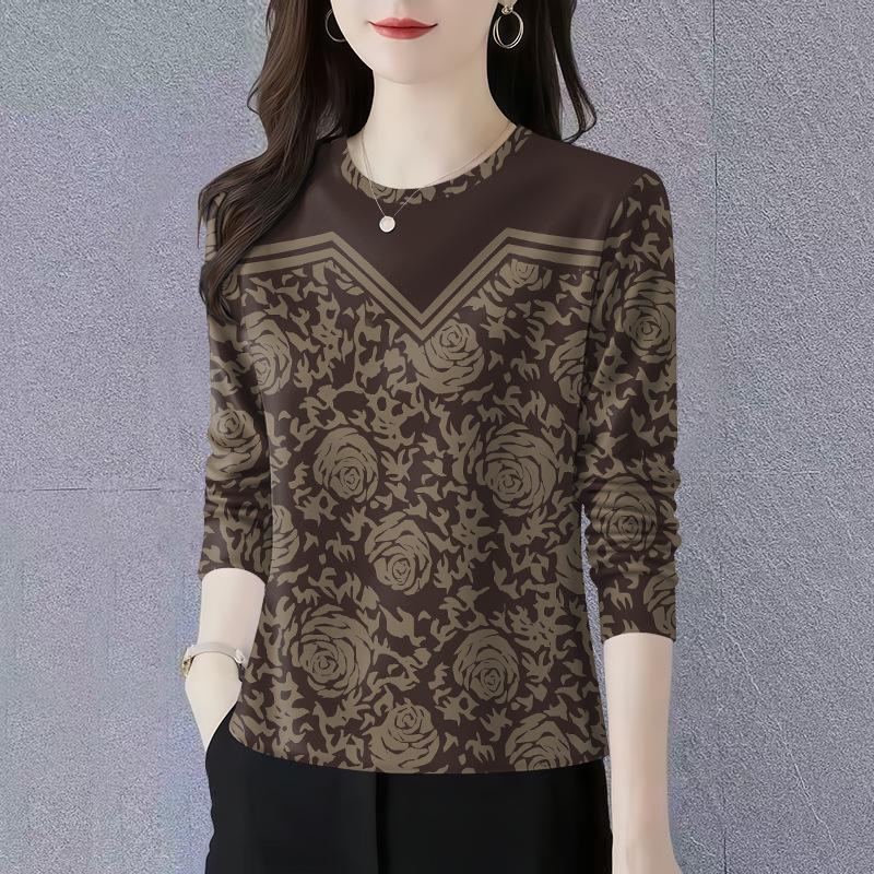 Spring/Autumn 2025 Long-Sleeve Round Neck Slimming T-Shirt for Moms