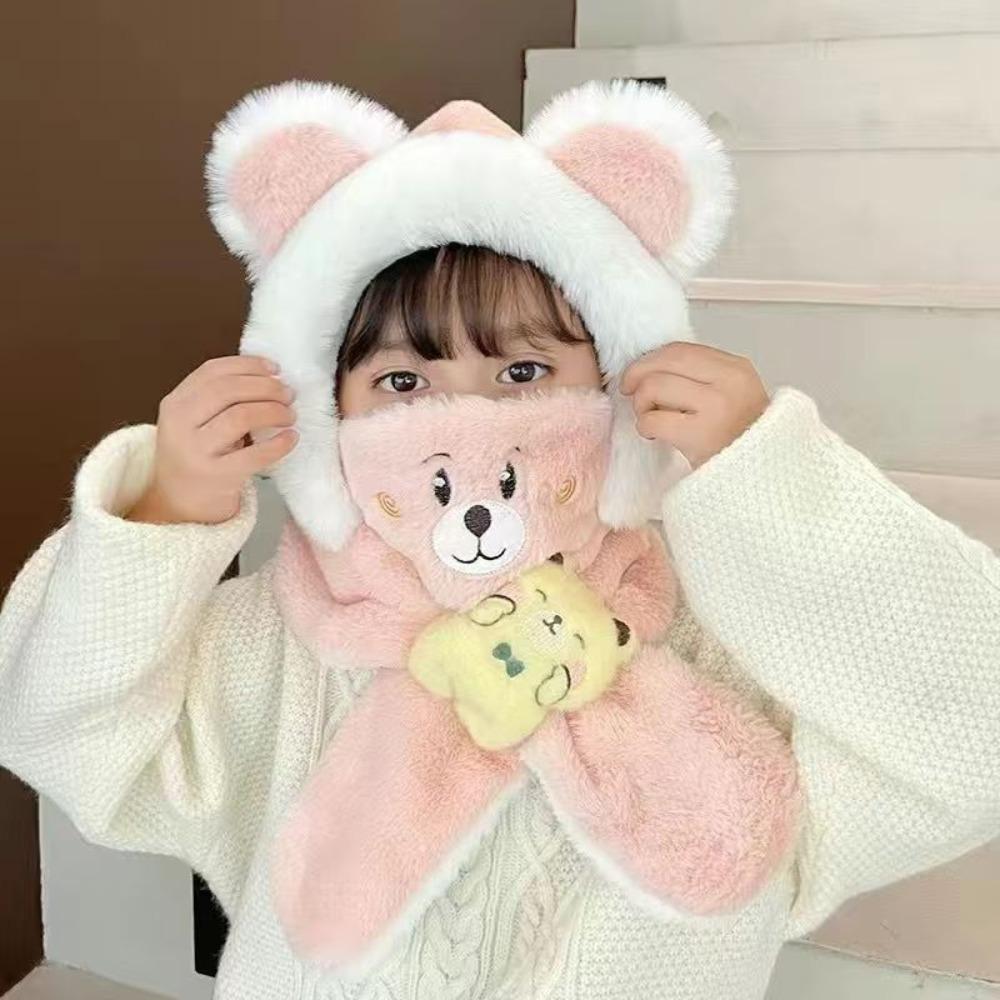 

Winter Ear Protection Cap Cute Cartoon Warm Beanies Fashion Cross Neckerchief for Children розовый