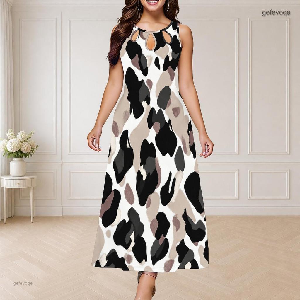 Women Plus Size Sleeveless Round Neck Triple Keyhole Cutout Printed White Navy Blue Long Dress