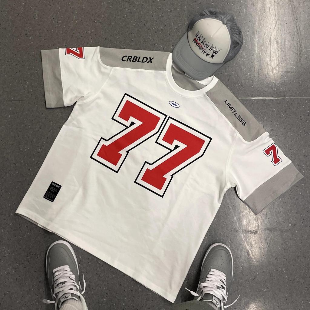 Number 77 Retro Ice Hockey Jersey – Short Sleeve Patchwork T-Shirt