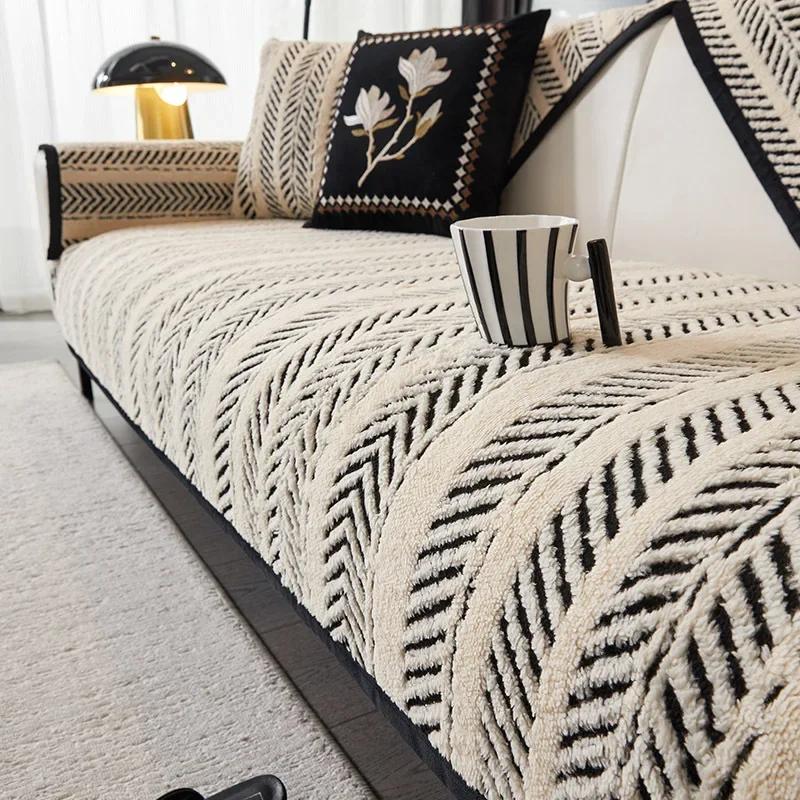 Chenille Sofa Cover Herringbone Striped Couch Mat Nonslip Thickened Couch Cushion Geometric Diamond Grid Four Seasons Sofa Cover