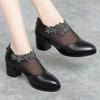 5cm Plus Size 35-42 Breathable Comfortable Mesh Rhienstone Shoes Women Pumps Summer 2025 Med Block Heels Gneuine Leather Shoes