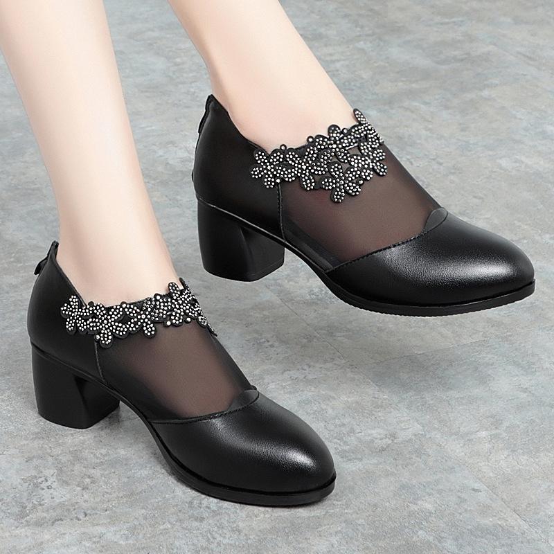 5cm Plus Size 35-42 Breathable Comfortable Mesh Rhienstone Shoes Women Pumps Summer 2025 Med Block Heels Gneuine Leather Shoes