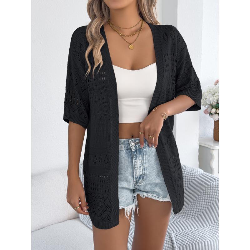 Women Solid Hollow Out Five Quarter Sleeve Knit Open Cardigan Casual Vacation Thin Outerwear