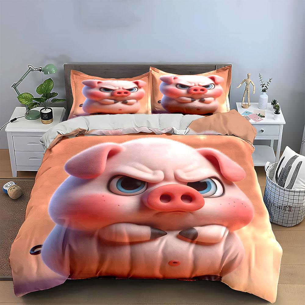 Grumpy Cartoon Pig Design Bedding Duvet Cover Set (1*Duvet Cover 2*Pillowcases, Without Duvet Insert)