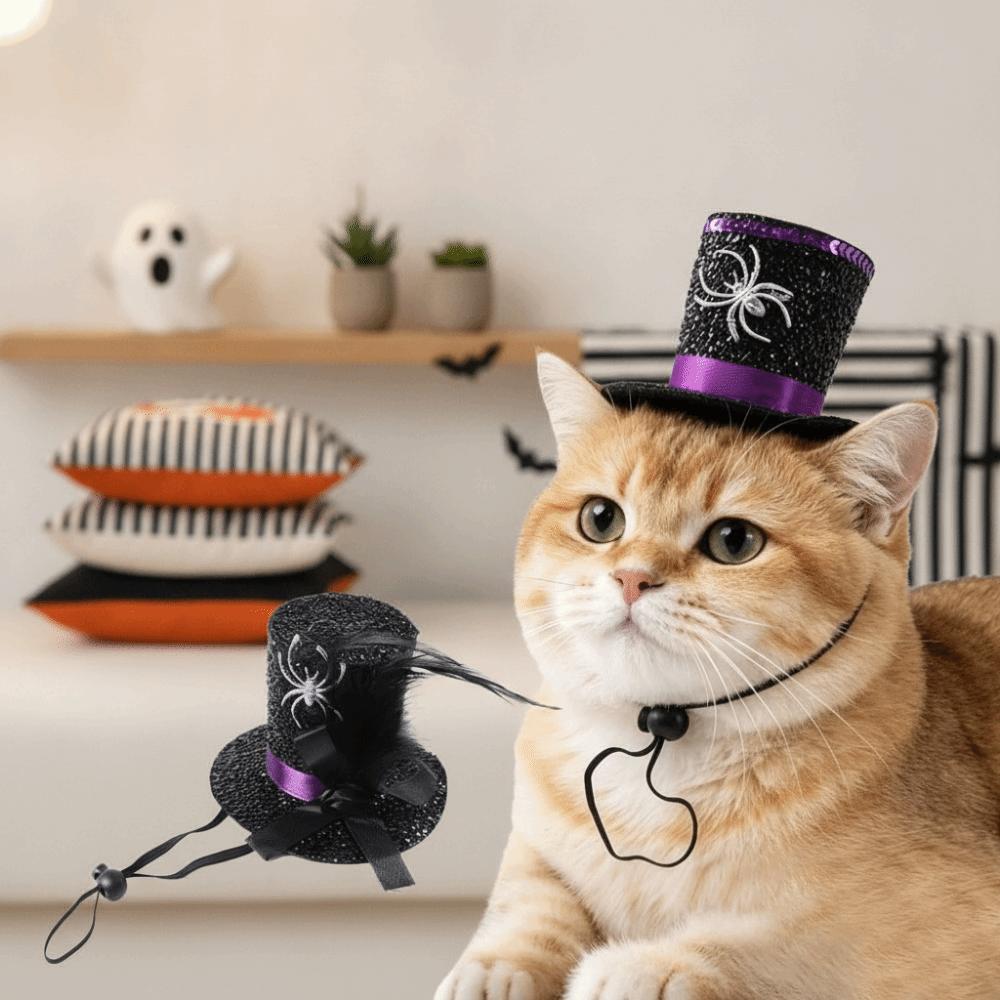 Adjustable Strap Halloween Pet Hat Shiny Sequins Black Feather Dog Cosplay Cap Lightweight Felt Glittery Fabric Cat Top Hat