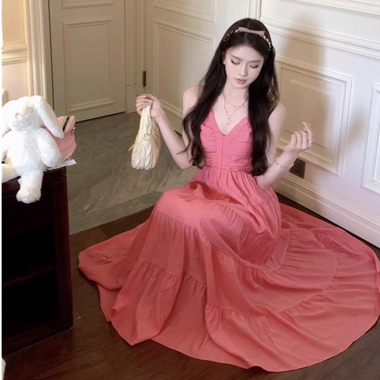Pink Sweet First Love Dating Dress Summer Backless Design Feeling Waist and Thin Temperament Gentle Medium and Long Skirt