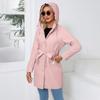 Autumn Women Breasted Solid Color Lapel Collar Hooded Long Sleeve Loose Jacket Wind Coat