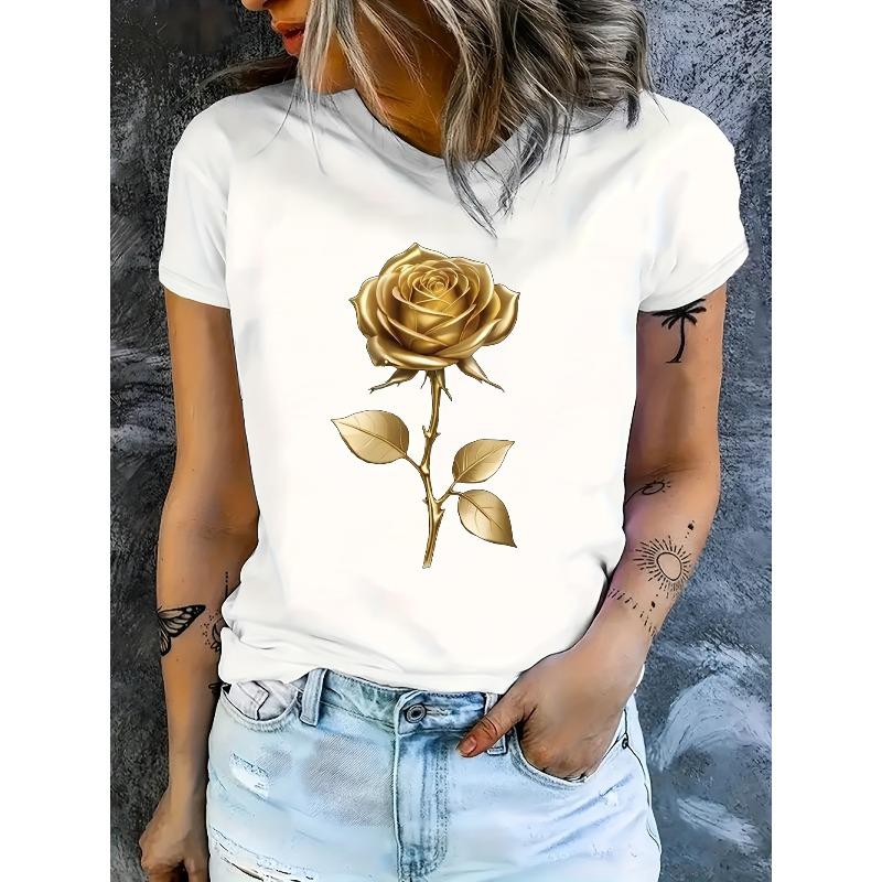 European Size European Size Ladies' T - Shirt With Golden Rose Pattern, Made Of Pure, Comfortable And Beautiful