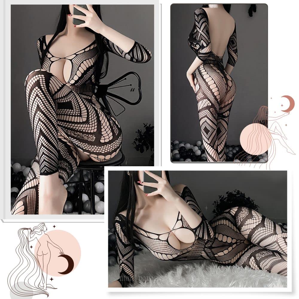 MORApink Cosplay Sexy Body Stockings Perforated Extreme Kinky String Large Lingerie Full Body Tights Net Leotard Open Crotch Costume Black Little