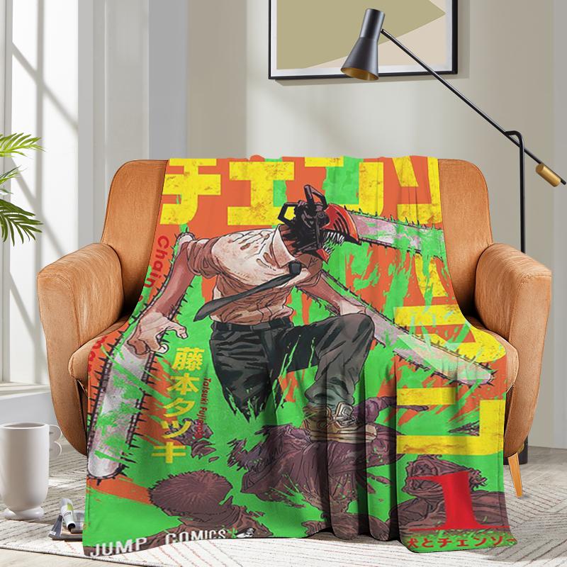 Anime Flannel Blanket Sofa Chainsaw Man Microfiber Bedding Bed Fleece Camping Warm Winter King Size Fluffy Soft Blankets