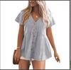 European Summer Women's V-neck Cotton Linen Shirt Dress - Short Sleeve, Pleated, Solid Color Beach Cover-up