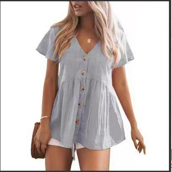 European Summer Women's V-neck Cotton Linen Shirt Dress - Short Sleeve, Pleated, Solid Color Beach Cover-up