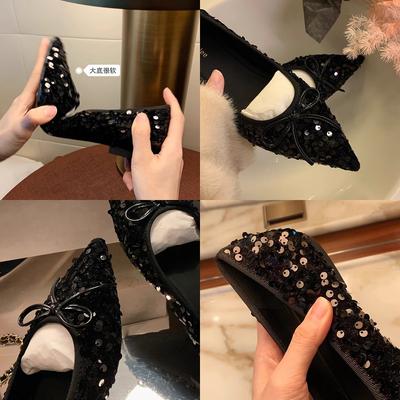 Sheepskin Version~ Sparkling Sequins Exquisite Small Pointed Head Shallow Mouth Soft Sole Dating Bow Single Shoes Women
