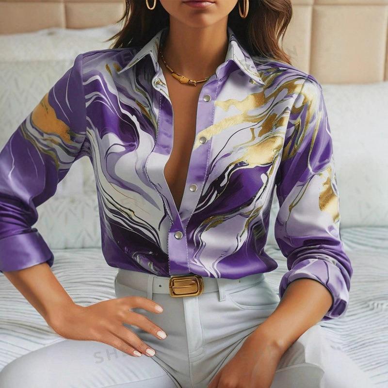 women marble print satin shirt collared long sleeve casual slim fit blouse