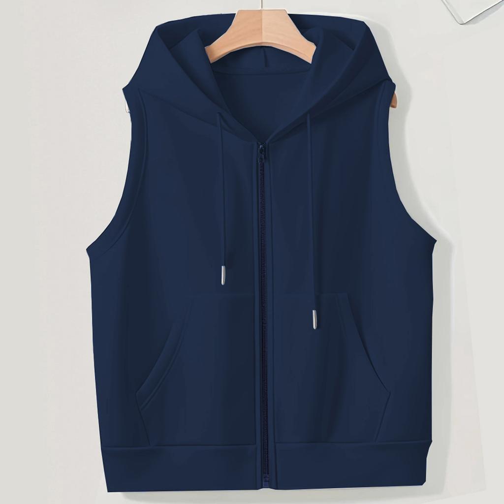 Women's Solid Color Plus Size Fashionable Hooded Drawstring Pocket Vest Top Jacket