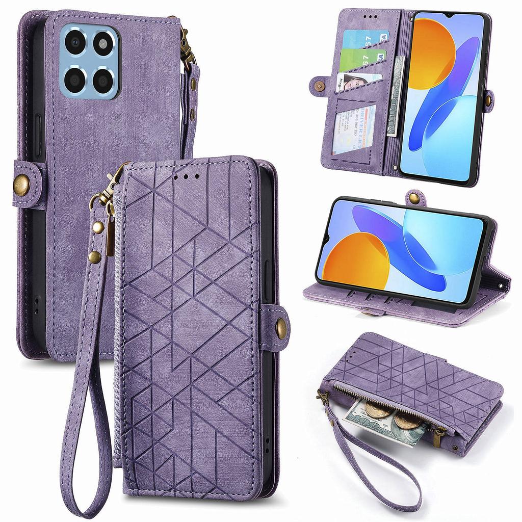 Case For Honor X7c 4G/200 Smart 5G/Play 60 Plus 5G Zipper Wallet Geometry Lines Leather Phone Cover