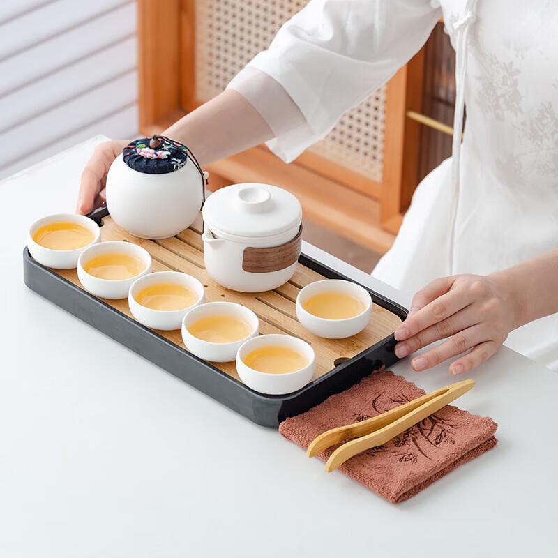 Portable Rough Pottery Travel Tea Set with Blue Leather Carry Bag