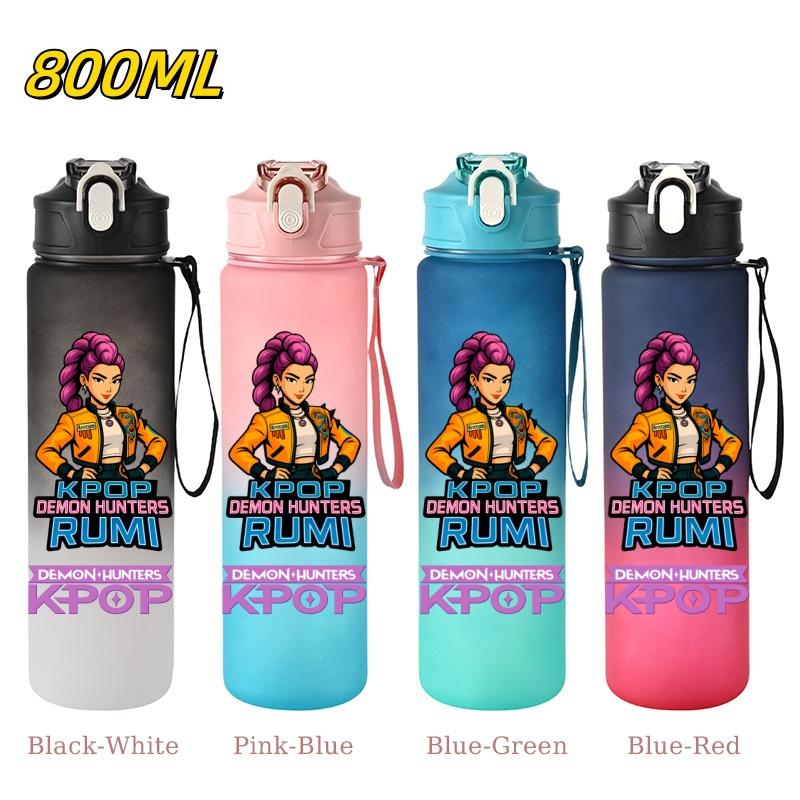 800ML KPop Demon Hunters Gradient Cartoon Print Large Capacity Straw Water Cup Outdoor Portable Sports Drink Bottles Travel Mug