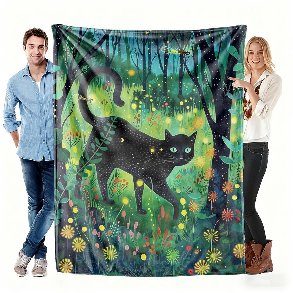 Enchanted Forest Black Cat Flannel Blanket, Magical Woodland Art Throw, Soft Cozy for Cat Lover Home Decor, Warm Sofa Couch Gift
